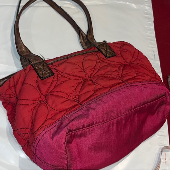 Fossil Key Per RED Handbag Purse Cranberry QUILTED Fabric Brown Leather TOTE 15” - Picture 11 of 14
